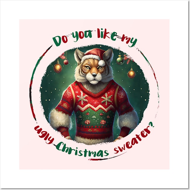 Ugly Christmas sweater: Festive tiger-man in winter wonderland wearing a sweater with a Christmas tree and ornaments Wall Art by WitchDesign